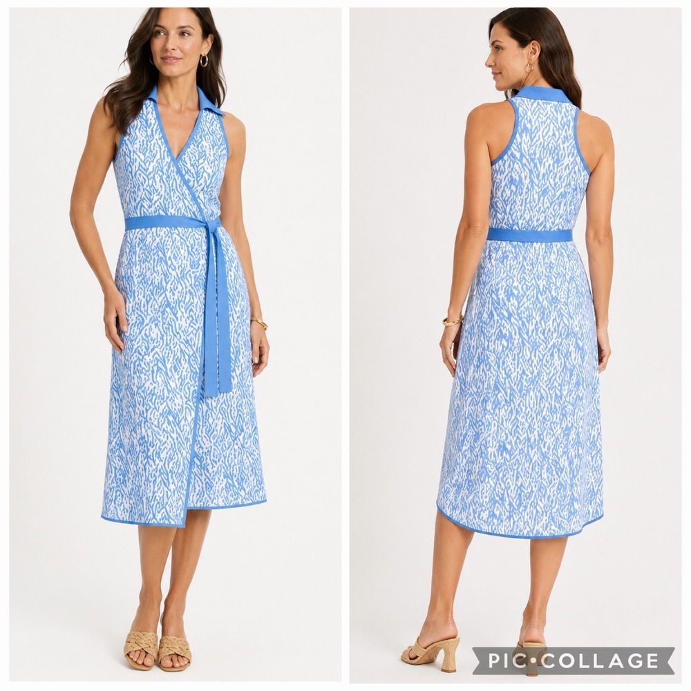 DVF for Target. Collared Sleeveless Sea Twig Blue Knit Midi Wrap Dress Sz XL